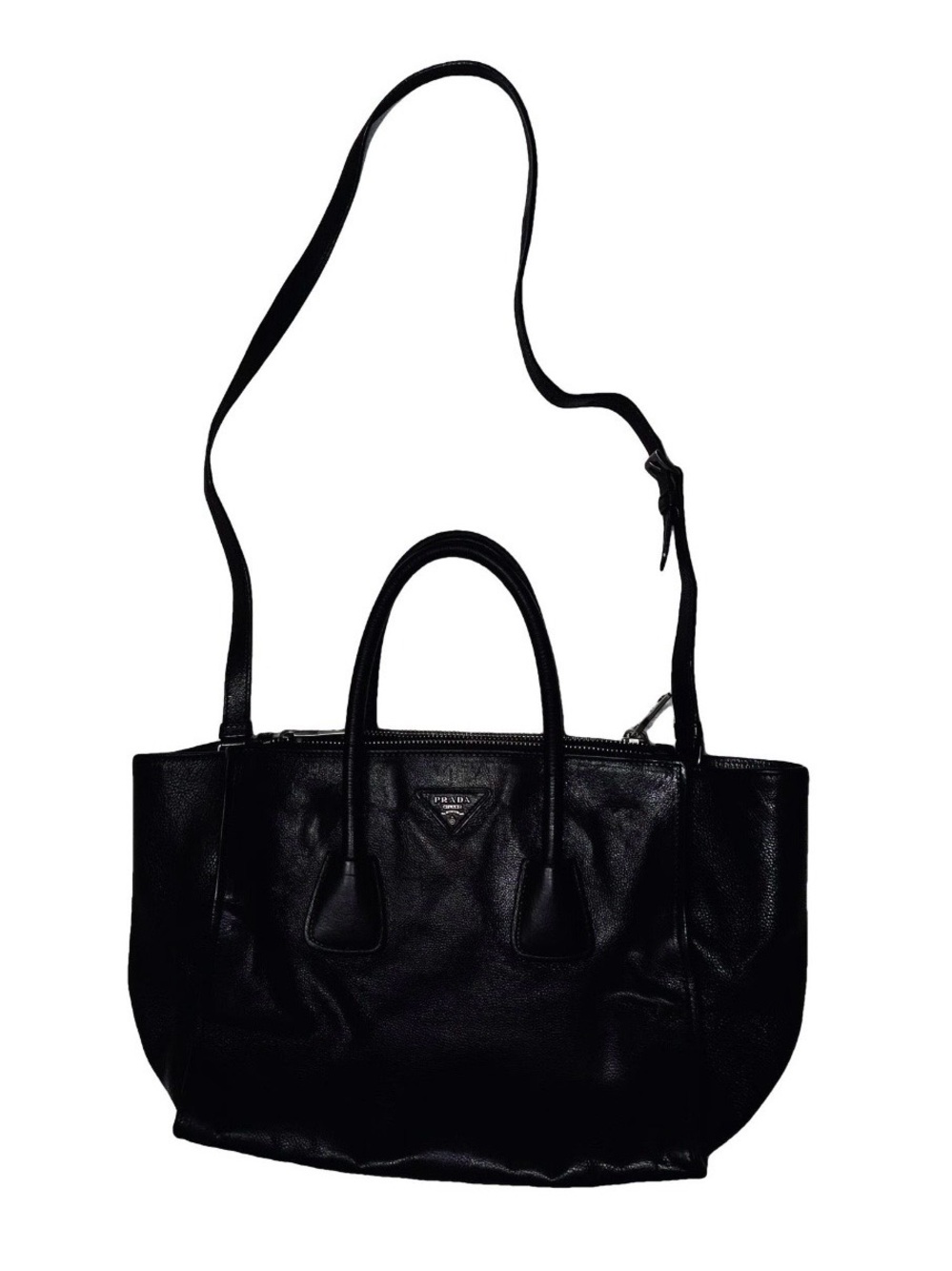Prada AUTHENTIC Glacé Calf Twin Pocket Black Leather 2-Way Tote Bag